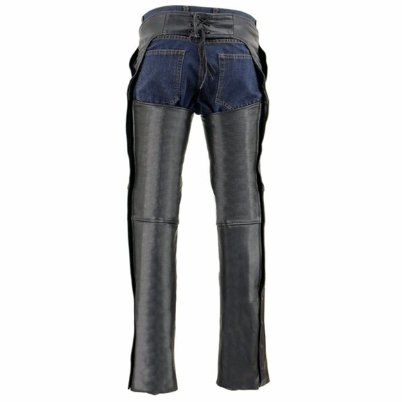 Unisex Black Premium Leather Motorcycle Rider Chaps w/ Front 3-Pockets-Size 2XS - Picture 2 of 5